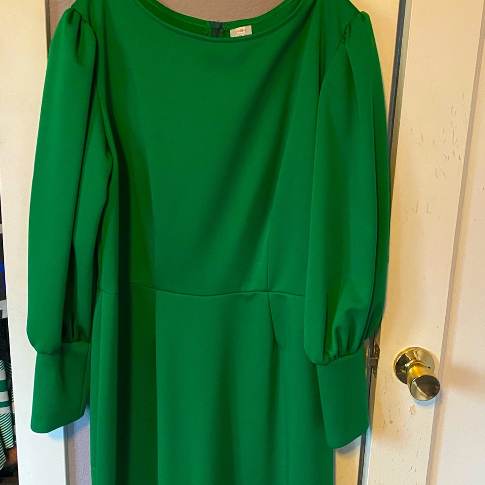 JIBRI pencil dress with puff sleeve, cuff at wrist, boat neck, just below knee.